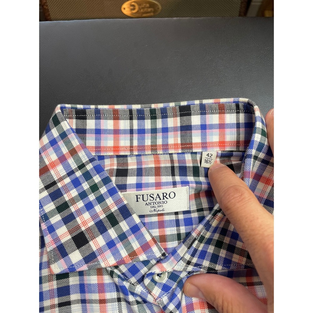 Fusaro Antonio Dress Shirt Mens 42 16.5 Multicolor Cotton Napoli Check Long Slv